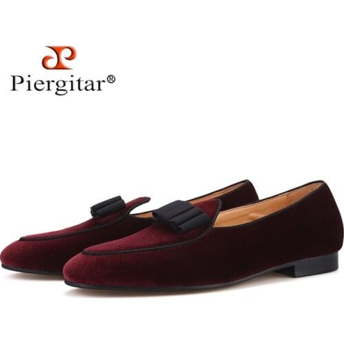 Piergitar 2019 dark red colors velvet men shoes with bow-knot designs Wedding mens loafers handmade men smoking slippers