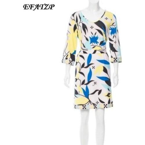New 2017 Autumn Fashion Designer Brand Dress Womens V-Neck Leaves Print 3/4 Sleeves XXL Stretch Jersey Silk Day Dress