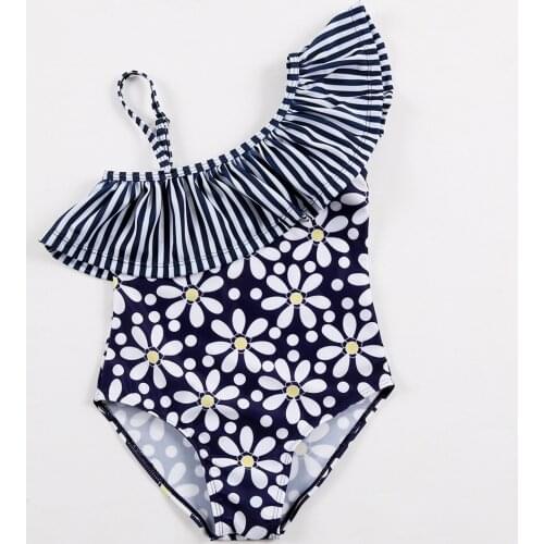 New Girls One Piece Swimsuits Navy Print Flowers Pattern Swimwear Children Baby Girl Swimming Suit Kids Bathing Suits 3-8Y