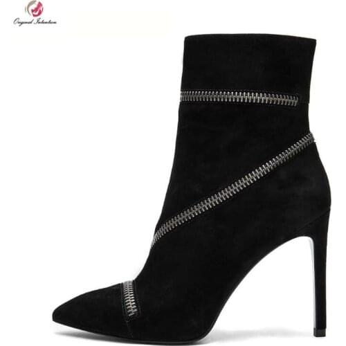 Original Intention Stylish Ankle Boots Woman Solid ZIP Chain Thin High Heels Boots Pointed Toe Black Shoes Woman Party Casual