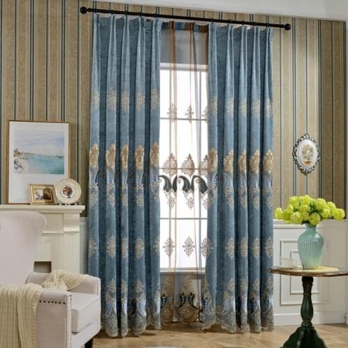 Luxury Blue Chenille Curtains For Living Room European Embroidery Curtains Tulle Bedroom Decorate Panel Velvet
