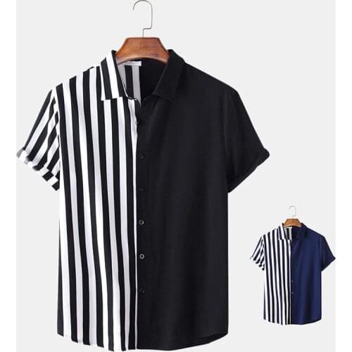 Summer Brand Shirts Men Patchwork Vertical Stripe Contrast Color Black Streetwear Short Sleeve Button Casual Camisas