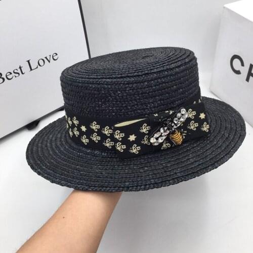 Black natural straw flat eaves female cap British wind summer sun hat beach sea tide