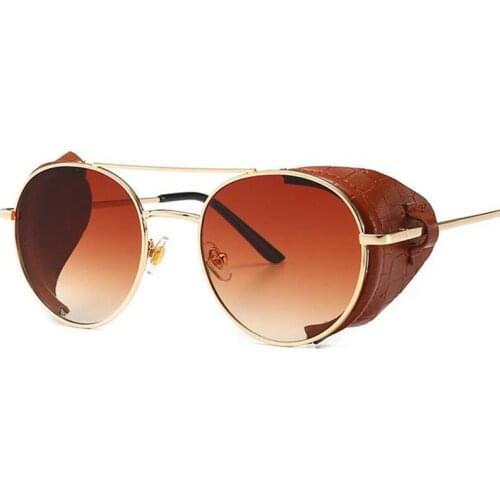 Retro Steampunk Round Sunglasses Men Brown Leather Side Shield Sun Glasses For Men Women Oversized Shades Outdoor Eyewear