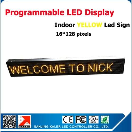 Free shipping 16*128 dots indoor led sign programmable message scrolling board waterproof yellow led screen for advertising