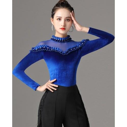 Modern Ballroom Dance Tops Autumn/Winter Long Sleeve Velvet Rhinestone Latin Dance Practice Clothes Rumba Dance Shirts DQL4860