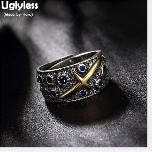 Uglyless 100% Real 925 Sterling Silver Unisex Fine Jewelry Thai Silver Blue Crystals Night Sky Open Rings Gold Plated Cross Ring