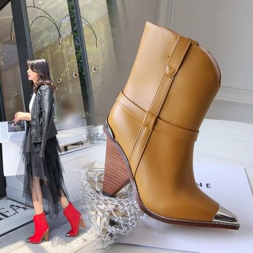 INS HOT Women ankle boots natural leather 22-27CM Metal pointed toe cap Leather upper and lining Outdoor fashion leisure shoes