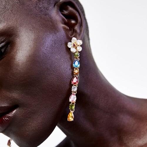 Flower Top Women Long Dangle Earrings Imitation Pearl Material ZA Colorful Rhinestone Earrings Elegant Party Ear Jewelry ET1210