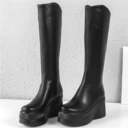2021 Thigh High Fashion Sneakers Women Genuine Leather Wedges High Heel Motorcycle Boots Female Round Toe Long Shaft Pumps Shoes