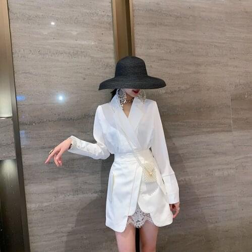 New 2020 Fashion Women Skirt Suit Long Sleeve Pearl Button Blazer Blouse Sexy Lace Split Patchwork Skirt Solid Two Piece Set
