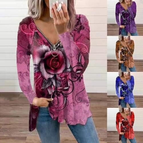 New Autumn Rose Print Long Sleeve Tops Vintage Zipper Pullover Shirt Womens Loose Plus Size T-shirt Casual V Neck Tshirt