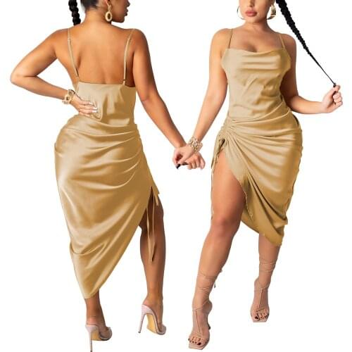 2021 Summer Womens Fashion Solid Color Skinny Dress Sexy Asymmetric Collar Drawstring Suspender Short Dress 5 colors