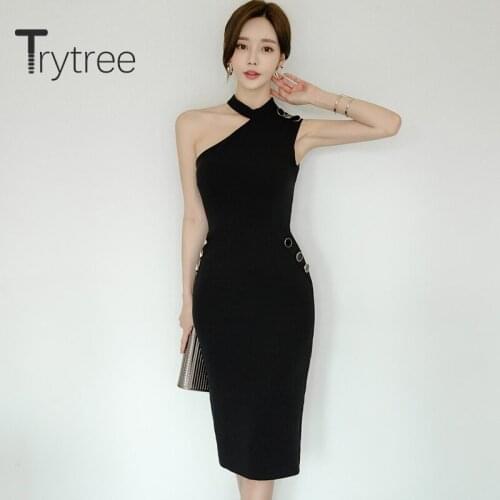 Trytree 2020 Summer Women Casual Dress Hanging neck Slim fit Solid 2 Color Temperament Elegant Knee-Length Office Lady Dress