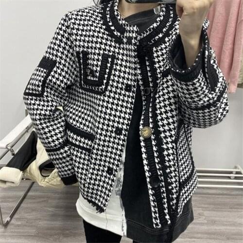 2020 Winter New Houndstooth Tweed Woolen Coat Women Button Design Retro Fashion Short Wide Waisted Jacket