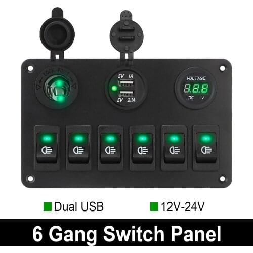 Car Marine Circuit Breaker Dual USB Ports ON/OFF Lights DC 12V/24V Waterproof 6 Gang Rocker Switch Panel LED Digital Voltmeter