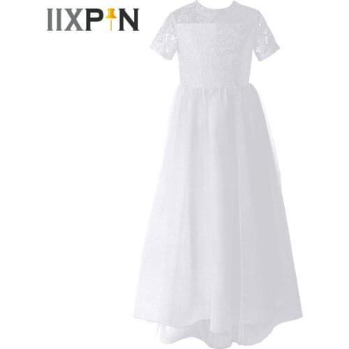 White Girl Elegant Dress Princess Girls Short Sleeve Lace Dress Kids Flower Girl Dresses for Wedding Party Bridesmaid Vestido