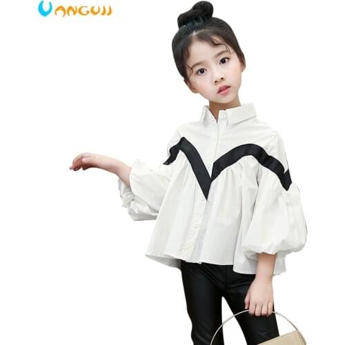 Girls blouse Spring and Autumn Cotton Shirts Loose casual lantern sleeves pleated hem fashion Full sleeve patchwork outwear hot