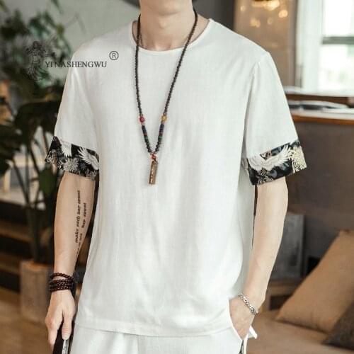 Summer New Japanese Style Men Crane Printed Short-Sleeved T-shirt Top Trouser Yukata Haori Casual Shirt Harajuku Asian Costumes