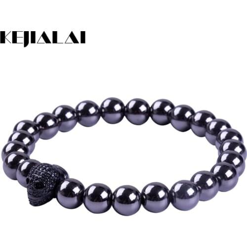 2016 Hot Sale Men Jewelry 8mm Hematite Beads Fashion Bracelet Black Skull Charm Micro Pave Black Zircon Stretchy Size Best Gift