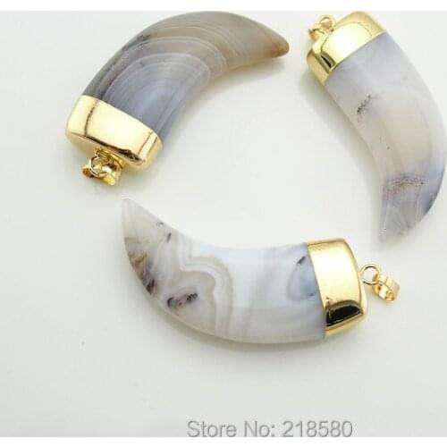 H-1PPNJ3056G Gray Lace Agates Horn Tusk Pendants with Gold Electroplated Plating