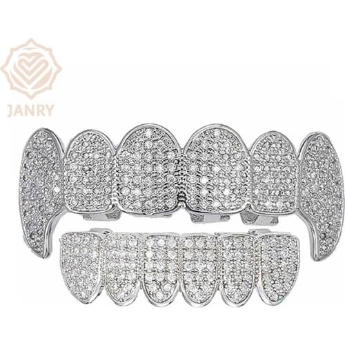 JANRY New Fit Hip Hop Silver Plated CZ Micro Pave Top & Bottom GRILL SET Rhodium Teeth Grills Vampire Tooth Grillz For Men Women