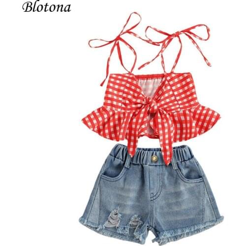 Blotona Toddler Girls 2Pcs Summer Outfits, Sleeveless Plaid Print Ruffle Crop Tops + Ripped Denim Shorts Set, 1-6Years