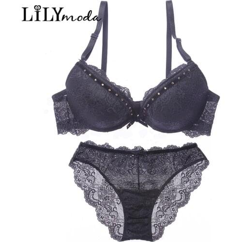 Lilymoda Women Luxury Lace Rhinestone Bra And Underwear Panty Set Push Up 3/4 Cup Brassiere Sexy Ladies Bra Brief Set Lingerie