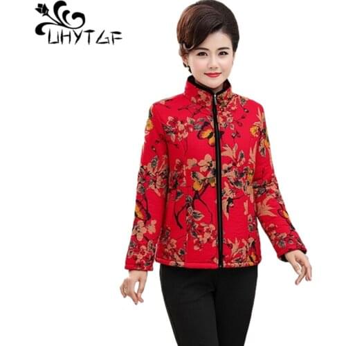 UHYTGF Fashion Womens Jacket Casual Warm Autumn Winter Coat Elegant Mother Printing Cotton Outwear Parker Female Plus Size 1412