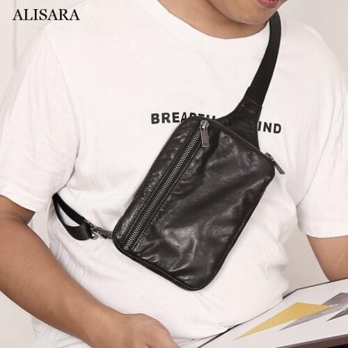 Alisara Men Mini Chest Bag Genuine Leather High Quality Male Simple Satchels Casual Cell Phone Pack Sheepskin Shoulder Bags