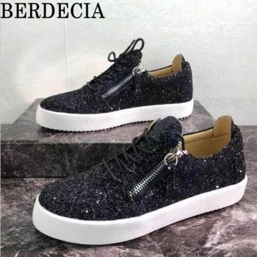 Berdecia Bling Sequined Black Color Lace Up Zip Male Shoes Leisure Style Classic Popular Zapatos De Hombre Sneakers For Men