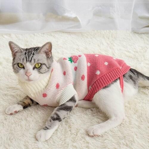 Pink Strawberry Knitted Cat Dog Sweater Cute Pet Clothes Coats Jacket Sweet Hoodies For Cats Warm Kitty Vest Rabbit Animals Kedi