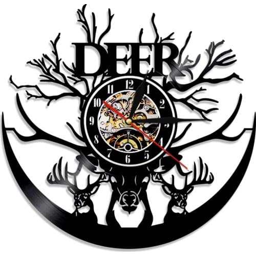Wildlife Deer Head Hunting Vinyl Album Re-purposed Record Clock Deer Family Retro Silent Sweep Wall Clock Hunter Man Cave Decor