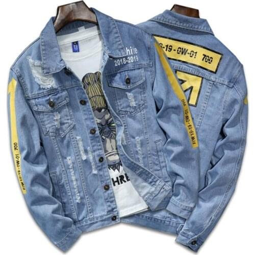 High quality Denim Jacket Men Ripped Holes Mens Lt Blue Jean Jackets New 2019 Autumn/Winter Garment Washed Mens Denim Coat