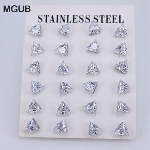 High quality Stainless Steel fashion Jewelry 12 pairs/set Silver Color triangle Cubic Zirconia Stud Earrings for Women ZN31