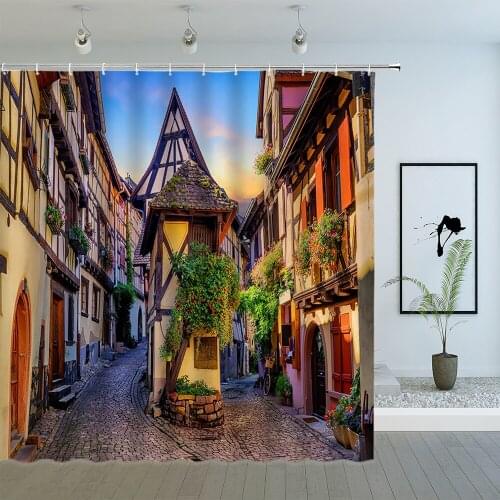 Architecture Landscape Shower Curtains Spring Small Town Street Flower Plant Houses Scenery Bathroom Cloth Hanging Curtain Sets
