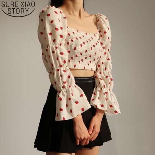 Puff Sleeve Shirts Clothes New Sweet Strawberry Print Blouse Women Slash Neck White Black Yellow Party Off Shoulder Tops 14369