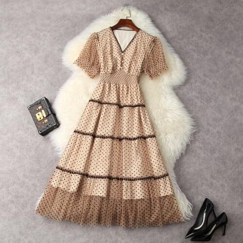 European and American womens wear for summer 2021 Short sleeve v-neck Fashion polka-dot mesh pleated dress