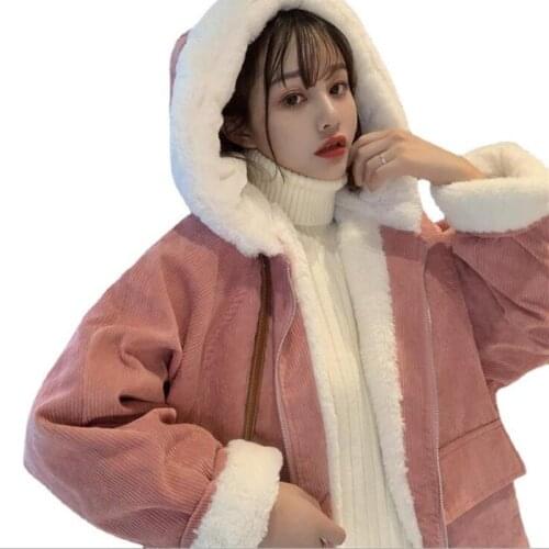 Winter Korean version 2021 new plus cotton plus velvet loose hooded corduroy long-sleeved cotton-padded jacket cotton female