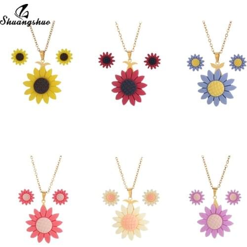 Femme Pendants Necklaces Resin Sunflower Necklace for Women Trendy Stainless Steel Chain Statement Stud Earings Jewelry Set Gift