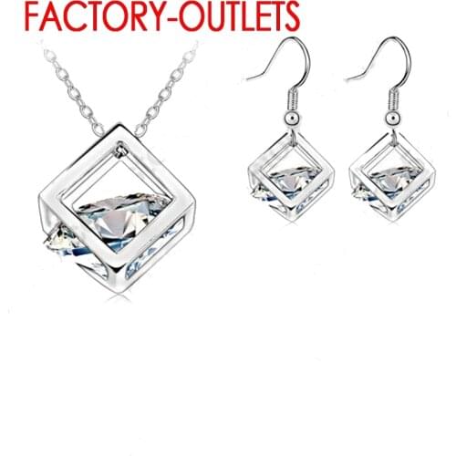 925 Sterling Silver Trendy Square Shape Pendant Necklace Earrings Sets Austrian Cubic Zirconia Female Party Engagement