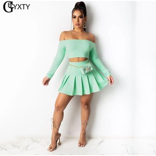 GBYXTY Pleated Tennis Skirt Set Women Summer Matching Suit Long Sleeve Off Shoulder Crop Top and Mini Skirt 2 Piece Set ZL1232