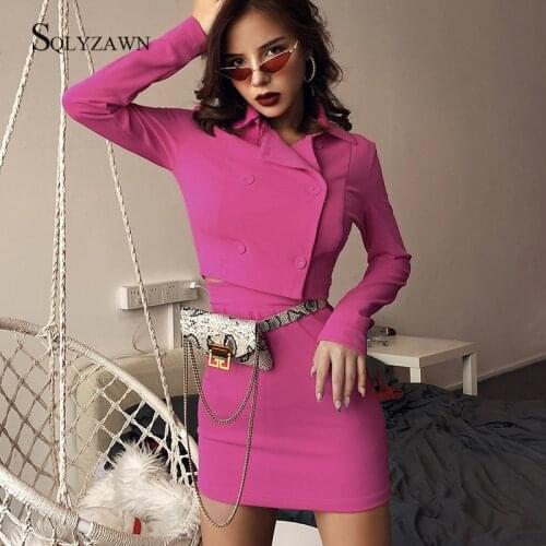 Women Fashion Neon Double Breasted Jacket Crop Top and Bodycon Skirt Two Piece Set Streetwear Sweet Fall Matching Co Ords Suit