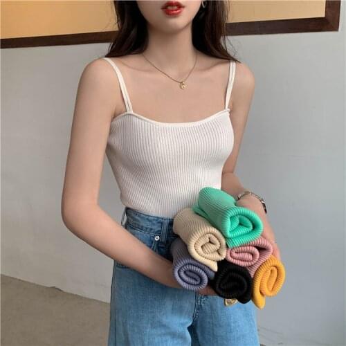 Sexy Knitted Camis Top Summer Tank Tops Women Camisole Sleeveless Slim Top Female Sleveless T-shirt Vest Casual Pink White Blue