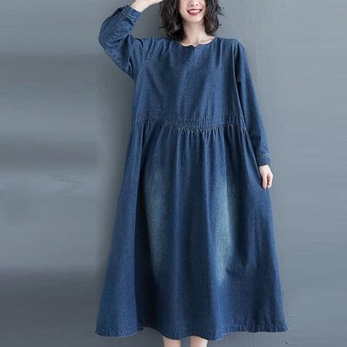 Long Sleeve Denim Loose Plus Size 2021 Spring Dress New Casual Vintage Solid Color O-Neck All-Match Women Dresses