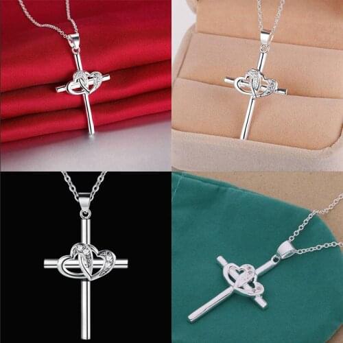 Womens Cross Pendant Necklace Stone Cubic Heart 925 Silver Cross Necklace