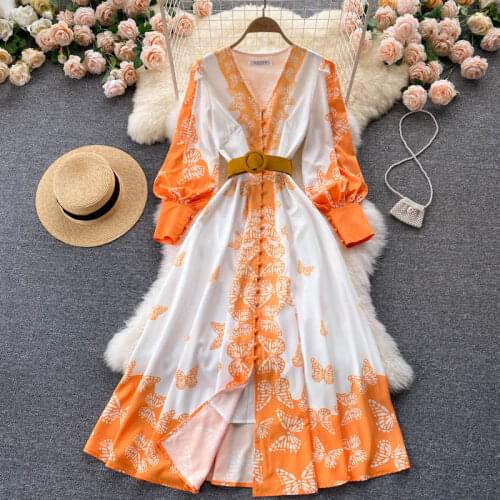 Amolapha Autumn Women Fashion Elegant European American OL Style V-Neck Printed Slim Waist Big Swing Evening Party Dress