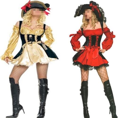 Gold Pirate Costume women adult party Red halloween costumes long sleeve Sexy matador Pirate captain cosplay Costume with hat