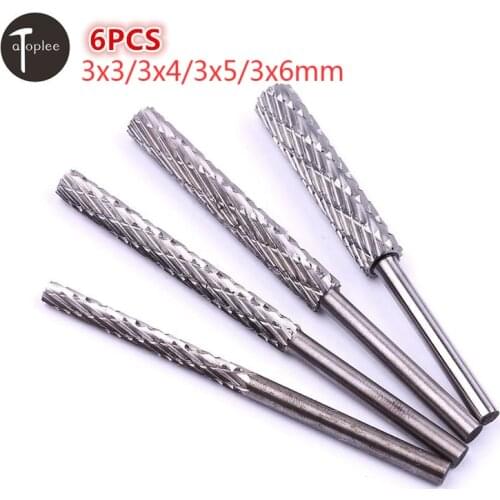 6PCS 3mm Shank Rotary Bur Cutter Set 3mm/4mm/5mm/6mm Edge High Speed Steel Woodworking Grinding Rotary Files Tools