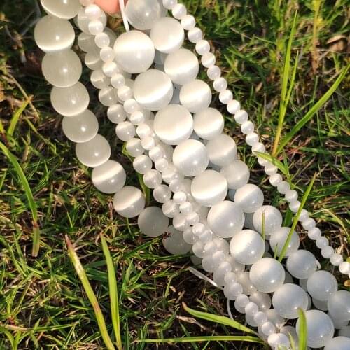 Natural Moon Stone Beads White Cat Eye Round Loose Beads 4/6/8/10/12mm Jewelry Making DIY Bracelet 15" Strand